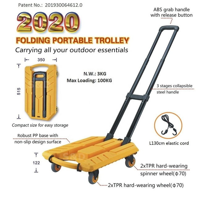 Portable Heavy-Duty Steel Platform Hand Trolley Cart: Retractable and Compact Design for Easy Transport