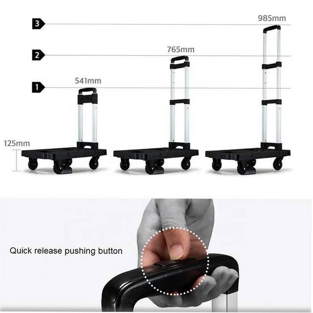 Portable 125kg Flatbed Hand Trolley Cart with Retractable Handle and Five Wheels 